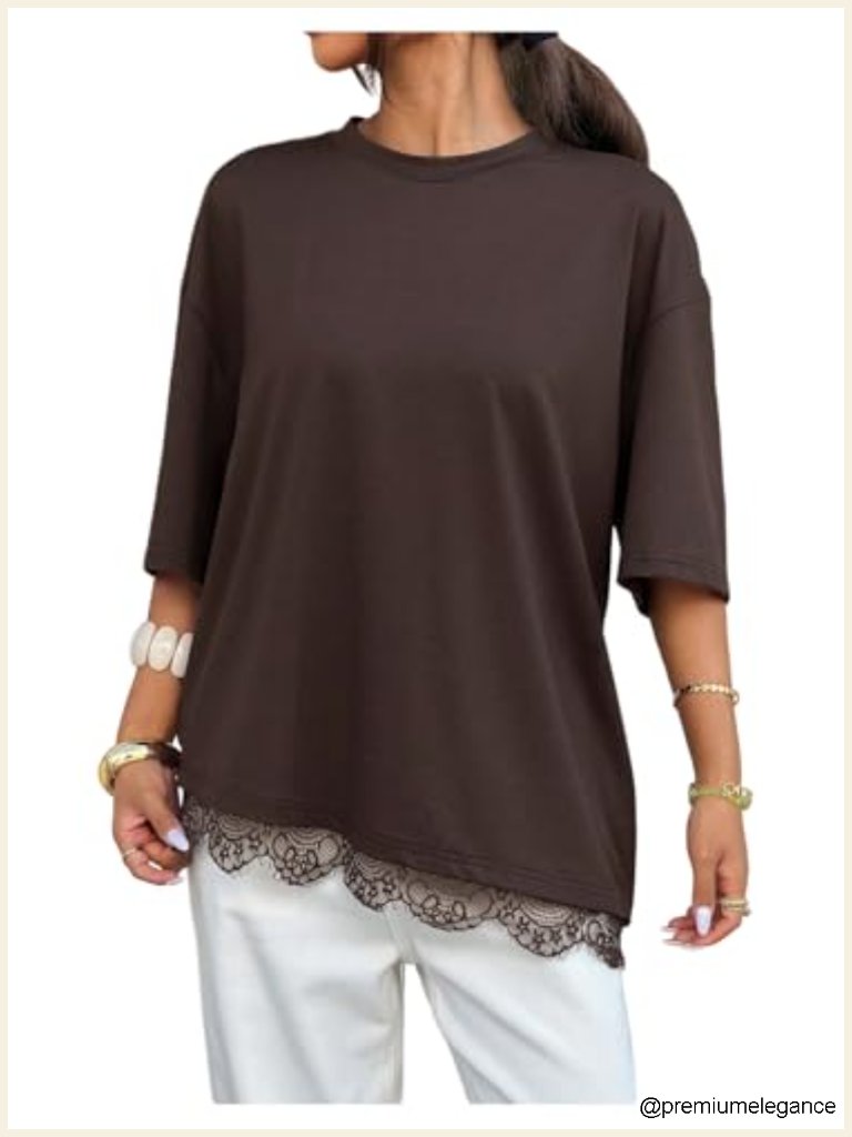 Oversized Lace Trim Tunic Tee Soft Stretch Short Sleeve Crewneck